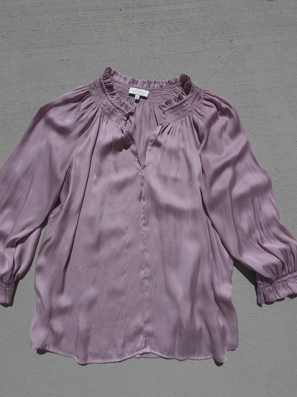 Lucky Brand Size XS Peasant Satin Blouse 3/4 Sleeve Lavender Officewear Top